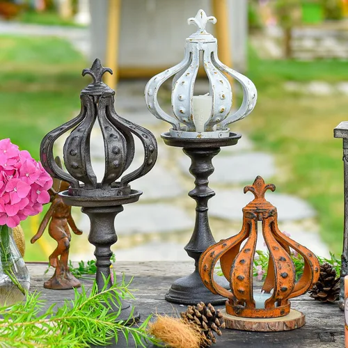 Miniatura 7 de Sungmor Escultura de corona de hierro fundido, marrón antiguo con acento rústico, cubierta de vela creativa, centro de mesa, estatua de corona