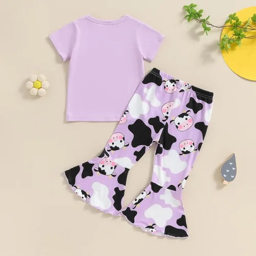 Miniatura 77 de fhutpw Conjunto de camiseta de manga corta con estampado de vaca y pantalones acampanados de dibujos animados para niñas