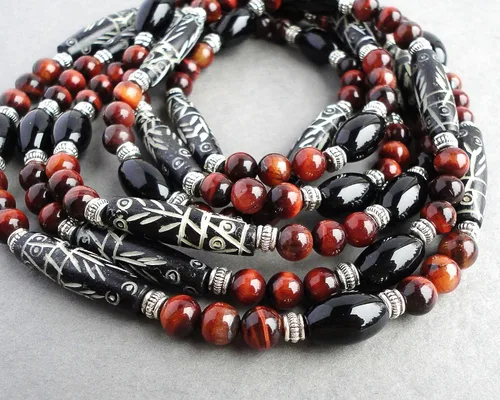 Miniatura 10 de Mami's Gem Studio Collar de estilo tribal para hombre, cuentas con hueso tallado, ónix negro y piedras preciosas, hecho a mano en Estados Unidos