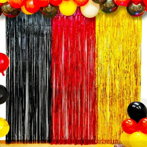 Cortinas de telón de fondo de flecos de papel de aluminio dorado metálico rojo y negro, paquete de 3 serpentinas de 3.2 x 8.2 pies para decoración