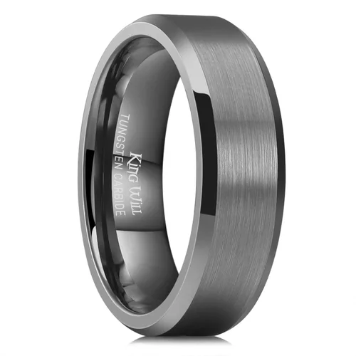 Miniatura 89 de King Will Anillo de boda de tungsteno para hombre, disponible en 15/64 a 25/64 de pulgada (6 a 10 mm), negro/plata, acabado mate, borde pulido