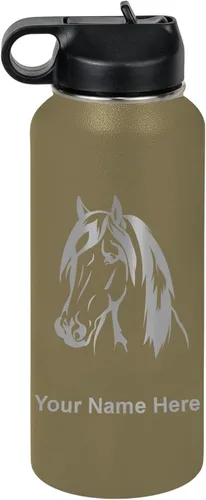 Miniatura 21 de LaserGram Botella de agua personalizada, cabeza de caballo 1, acero inoxidable de doble pared aislada al vacío con popote superior, regalo grabado
