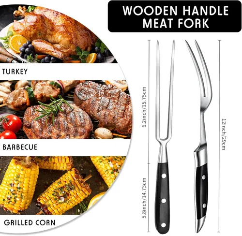 Miniatura 2 de CHENGU 2 tenedores para tallar carne de 12 pulgadas de acero inoxidable para servir cocinar con mango de madera, parrilla clásica con mango de ABS