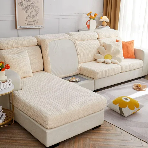 Miniatura 4 de vctops Funda de sofá de jacquard suave, funda elástica para sofá, funda elástica para sofá, parte inferior elástica, protector de muebles Beige
