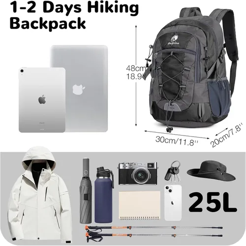 Miniatura 2 de Mochila de senderismo pequeña de 25 L con correa para el pecho para hombres y mujeres, mochila de viaje impermeable, mochila de viaje ligera Negro