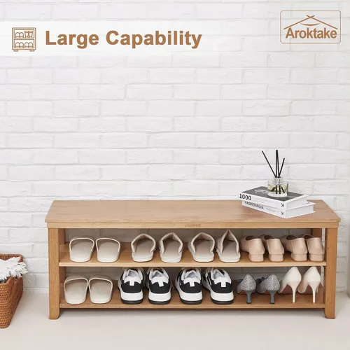 Miniatura 4 de Zapatero de madera maciza, 2 niveles, de madera real, resistente, organizador de zapatos, para entrada, pasillo, vestíbulo, sala de estar, Natural
