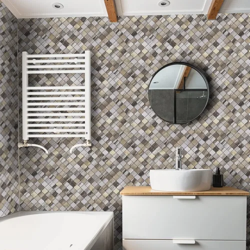 Miniatura 4 de STICKGOO Azulejo árabesco para salpicaduras de pelar y pegar, para salpicaduras de cocina y baño, grano de madera dorada con aspecto de mármol, PVC
