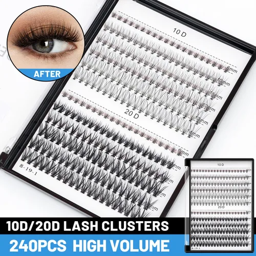 Miniatura 2 de Bodermincer Extensión de pestañas 240 piezas C Curl 10D/20D Cluster 8/9/10/11/12mm, 10/11/12/13/14mm, 12/13/14/15/16mm mezcladas, pestañas postizas