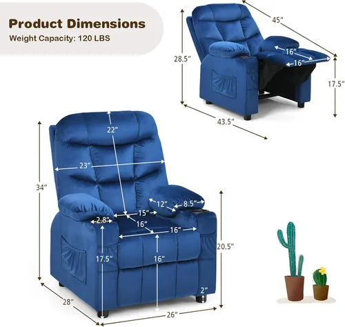Miniatura 3 de Costzon Silla reclinable para niños con soporte para tazas, silla de salón de terciopelo ajustable con reposapiés y bolsillos laterales