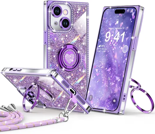 Miniatura 21 de XYZ Funda para iPhone 13, con purpurina brillante con soporte de corazón de 2 anillos y cordón, funda protectora a prueba de golpes con diamantes