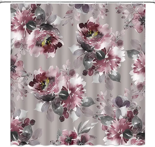 Cortina de ducha floral burdeos, flores de acuarela rústica, rosa primaveral, botánica, vintage, para mujer, juego de decoración para el hogar y el