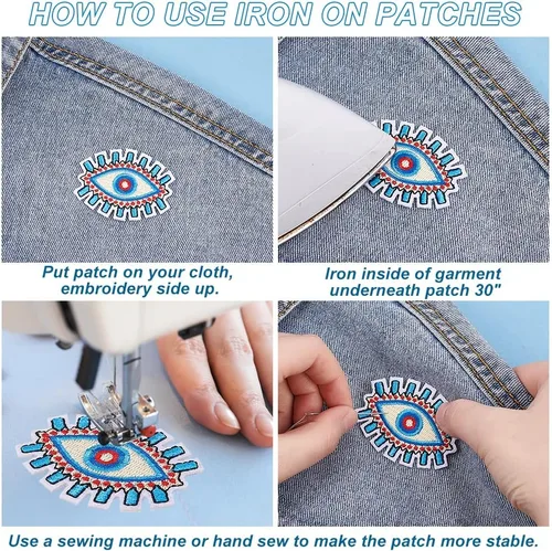 Miniatura 3 de AHANDMAKER 16 parches con patrón de ojos para ropa, apliques azules contra el mal de ojo, parches bordados para coser con hierro para ropa, Ojo Azul
