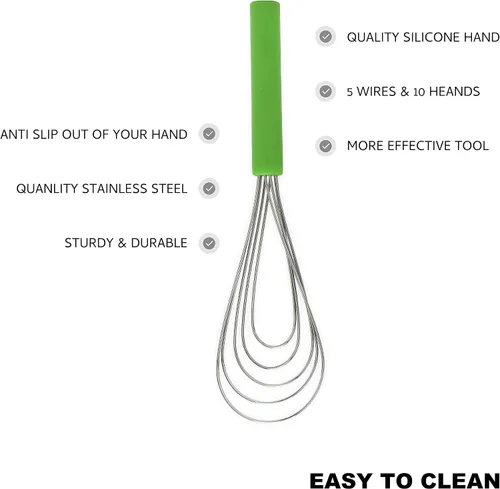 Miniatura 4 de Batidor Plano Mango de Silicona Antideslizante 10" - Batidor de 5 Alambres con 10 Cabezales para Cocina de Cocina por Jell-Cell (Verde)