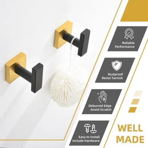 Miniatura 7 de Angle Simple Paquete de 2 ganchos para toallas de baño, soporte para bata de baño de acero inoxidable SUS 304 montado en la pared, negro y dorado
