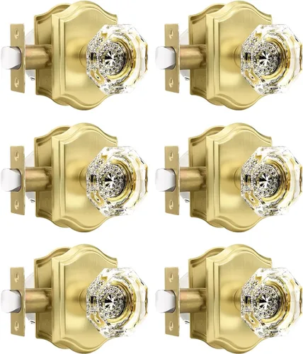 Miniatura 43 de Gobrico Paquete de 5 pomos de puerta de cristal de paso en latón antiguo para pasillo, armario, lavandería, forma octágono transparente, sin llave