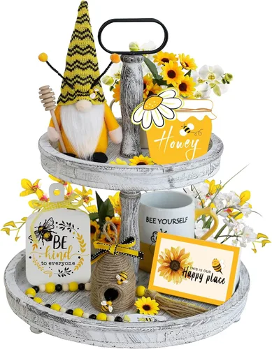 Juego de decoración de bandejas escalonadas de abeja, 6 piezas de decoración de cocina de verano con gnomo, tarro de miel, colmena de abejas,