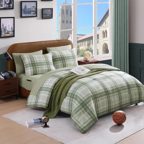 Miniatura 11 de AMBERSPACE Juego de edredón tamaño matrimonial, juego de ropa de cama a cuadros azul gris de 7 piezas para niños, niñas y adolescentes, juego