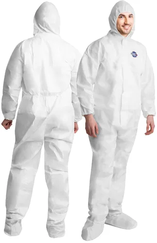 Medical Nation Trajes desechables para materiales peligrosos, 1 paquete, grande, overol protector con capucha y botas adjuntas, traje de pintor de