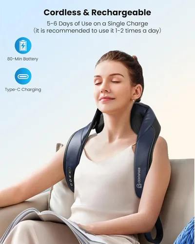 Miniatura 5 de COMFIER Masajeador de cuello inalámbrico con calor FSA, 4D Shiatsu profundo amasamiento para cuello y hombros, almohada de masaje de calefacción