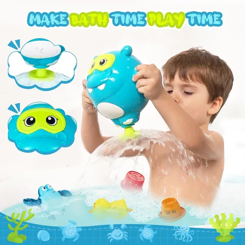 Miniatura 4 de EKU Juguetes de Baño de Hipopótamo para Niños de 18 meses+ Niños Pequeños con Vasos Apilables de Hamburguesa Pato Nadador Cangrejo Juguetes de Juego