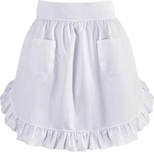 Miniatura 13 de Geyoga Delantales para mujeres con bolsillos Cocina Cocinando Camarera Sirvienta Delantal Falda Vintage Lindo Volantes Vestido Disfraz, Blanco