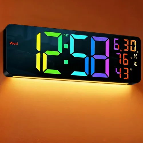 MASHI Reloj digital grande de montaje en pared de 17.3 pulgadas, reloj digital con control remoto, alarma, LED grande, color RGB, DST, temperatura