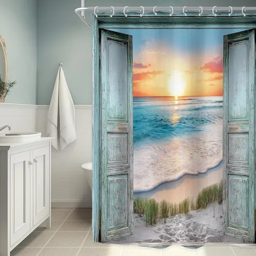 Miniatura 10 de Riyidecor Cortina de ducha para puerta de granero verde azulado para decoración de baño, 36 pulgadas de ancho x 72 pulgadas de alto, paisaje