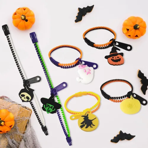 Miniatura 3 de OuMuaMua Pulseras con cremallera para fiestas de Halloween para niños, paquete de 28 pulseras con cremallera que brillan en la oscuridad