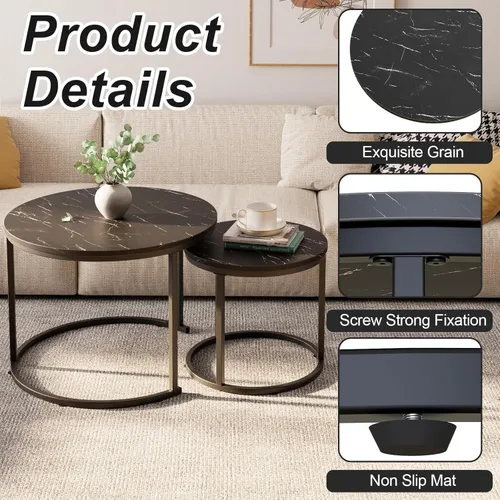 Miniatura 5 de aboxoo Mesa de Centro Redonda Anidable Juego Lateral de 2 Mesas Auxiliares para Sala de Estar Dormitorio Balcón, Mesa de Madera de Mármol Sintético