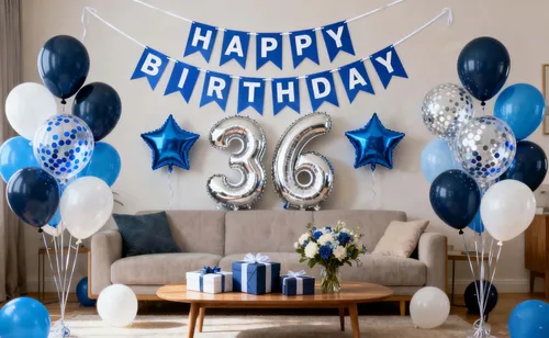 Miniatura 15 de Decoración de fiesta de cumpleaños número 33, color azul y plateado para hombres, pancarta de feliz cumpleaños número 33, globos de papel de 33rd