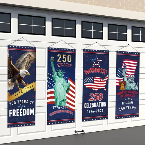Panelee 4 pancartas decorativas para el 250 aniversario de la bandera patriótica de Estados Unidos, para porche, telón de fondo colgante para el Día