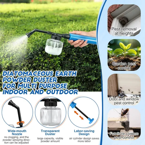 Miniatura 5 de Qualirey 1 paquete de polvo de tierra de diatomeas, aplicador dispensador de polvo de jardín de 250ml, rociador de perilla, aplicador de polvo