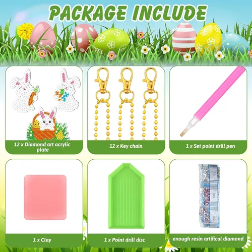 Miniatura 3 de Ferraycle Kit de llavero de pintura de diamante de Pascua de 12 piezas 5D DIY huevo de Pascua conejo adornos de arte colgantes lindos adornos