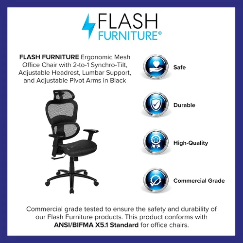 Miniatura 4 de Flash Furniture LO Silla de oficina ergonómica de malla con inclinación sincronizada 2 a 1, reposacabezas ajustable, soporte lumbar y brazos
