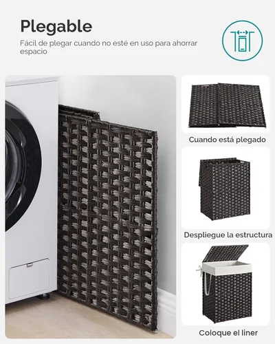 Miniatura 8 de SONGMICS Cesta de lavandería con tapa, cesta de ropa de 23.8 galones (90 L) de ratán sintético con tapa y asas, plegable, forro extraíble, negro