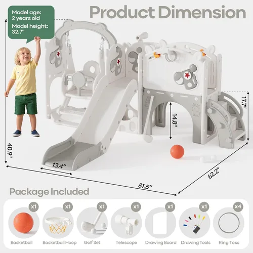 Miniatura 6 de Mloong Juego de toboganes y columpios 11 en 1 para niños pequeños de 1 a 3 años, para interiores y exteriores, con aro de baloncesto, golf, fácil
