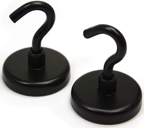 CMS MAGNETICS - Paquete de 2 ganchos de neodimio de 1.575 pulgadas, color negro, transparente de 8 libras y clasificación de fuerza de tracción de