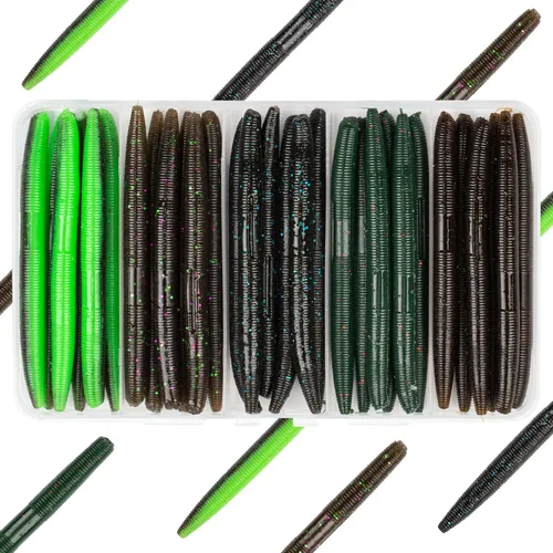 Miniatura 11 de 30/50/78/100 piezas Senko Worms Kit - Señuelos de pesca de plástico suave de 4"/5" con impregnación de sal para pesca de lubina Varios colores A