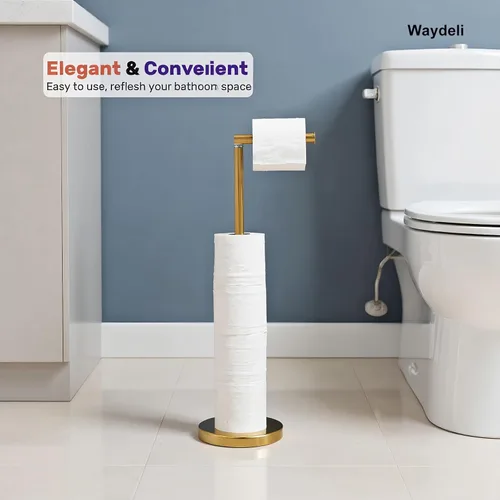 Miniatura 2 de Soporte de papel higiénico dorado, soporte de papel higiénico independiente con reserva para 4 rollos de repuesto, base resistente, estante