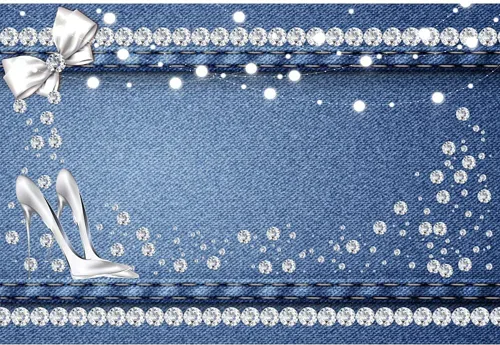 Miniatura 7 de AOFOTO Telón de fondo azul de mezclilla y diamantes de 5 x 3 pies con purpurina y tacones de cristal con lazo, fondo de fotografía para mujeres