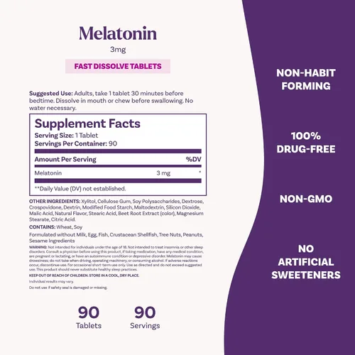 Miniatura 7 de Natrol Melatonina de disolución rápida de 3 mg, suplementos de melatonina para un sueño reparador, apoyo para el sueño para adultos, 90 tabletas