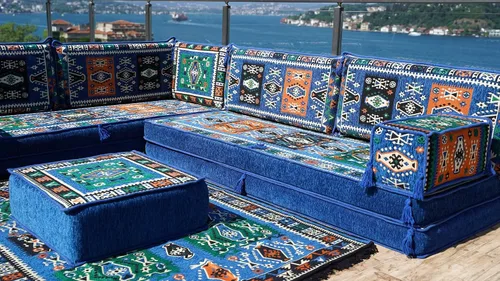 Miniatura 2 de Blue Arabic Floor Sofa, L Shape Corner Seating Set, Bench Cushions, Sectional Sofa, Pallet Sofas, Floor Cushions, Floor Couch, Oriental Sofa, Sofa