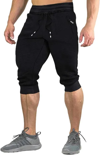 FASKUNOIE Pantalones deportivos cortos casuales de algodón para hombre 34 pantalones deportivos capri transpirables por debajo de la rodilla con