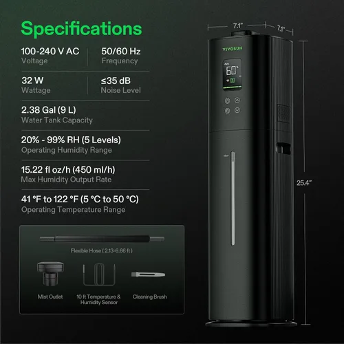 Miniatura 2 de VIVOSUN AeroStream H09 Humidificador Inteligente Wi-Fi, Humidificador de 2.38 Gal / 9 L con Sonda de Temperatura y Humedad, Control Remoto