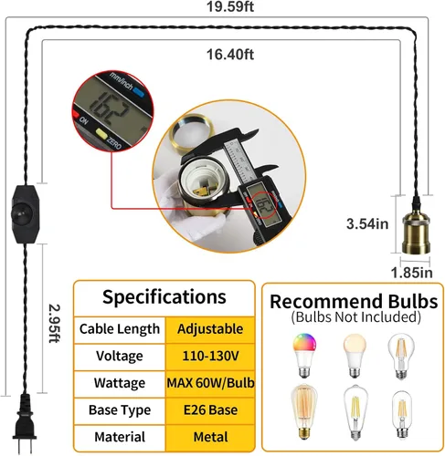 Miniatura 2 de Kit de cable de luz colgante con interruptor regulador, luces colgantes estilo granja de 19.69 pies de longitud del cable de alimentación, cable
