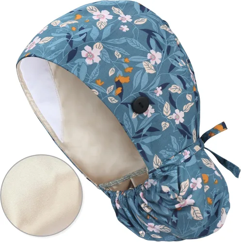 Miniatura 15 de QBA Gorra de trabajo ajustable con botón, gorro forrado de satén, gorro de trabajo de algodón, banda elástica para atar en la espalda, unisex Pt