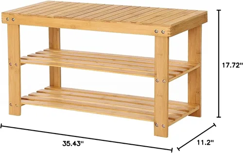 Miniatura 2 de Zapatero de bambú de 3 niveles, organizador de zapatos, banco de entrada, banco de almacenamiento de zapatos de 35.4 pulgadas de largo con estantes