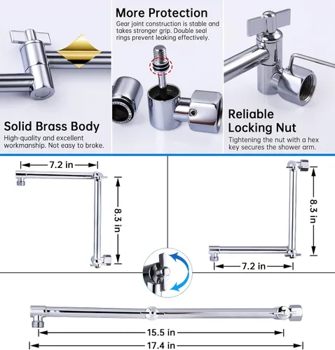 Miniatura 3 de G-Promise Brazo de extensión para cabezal de ducha de 16 pulgadas, extensor ajustable en altura y ángulo de latón macizo, eleva o baja la lluvia