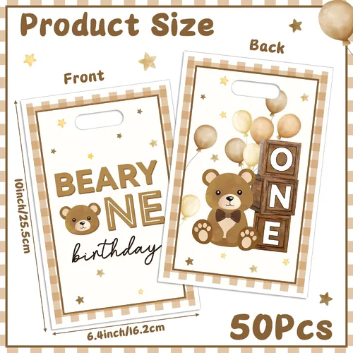 Miniatura 2 de Bolsa de Regalo para Primera Fiesta de Cumpleaños Oso 50Pcs Bolsas de Dulces y Regalos con Oso Marrón Dulces y Golosinas para Fiesta Temática Oso