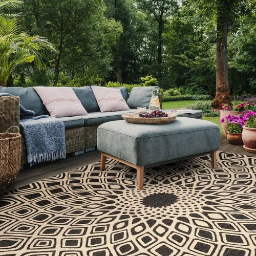 Miniatura 5 de SAFAVIEH Alfombra lavable para exteriores, 9 x 12 pies, color negro y beige, no desprende pelusa y fácil limpieza, ideal para patio, patio trasero